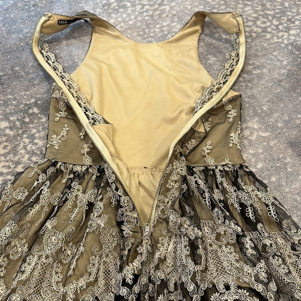 INA AMAZING GOLD AND BLACK LACE T BACK DRESS - Picture 6 of 15